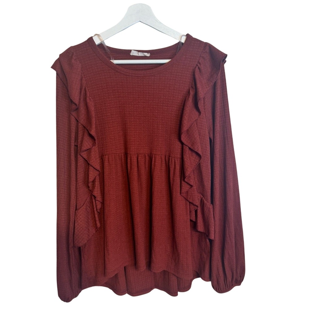 Altar'd State Blouse Ruffle Peplum Small Rust Red Womens Boho Ribbed Knit Top